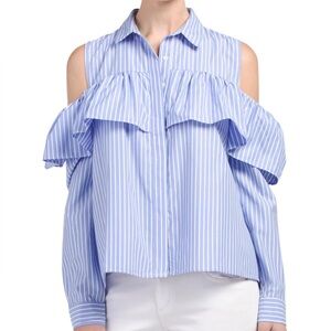 Blue Striped Cold Shoulder Flounce Ruffle Top